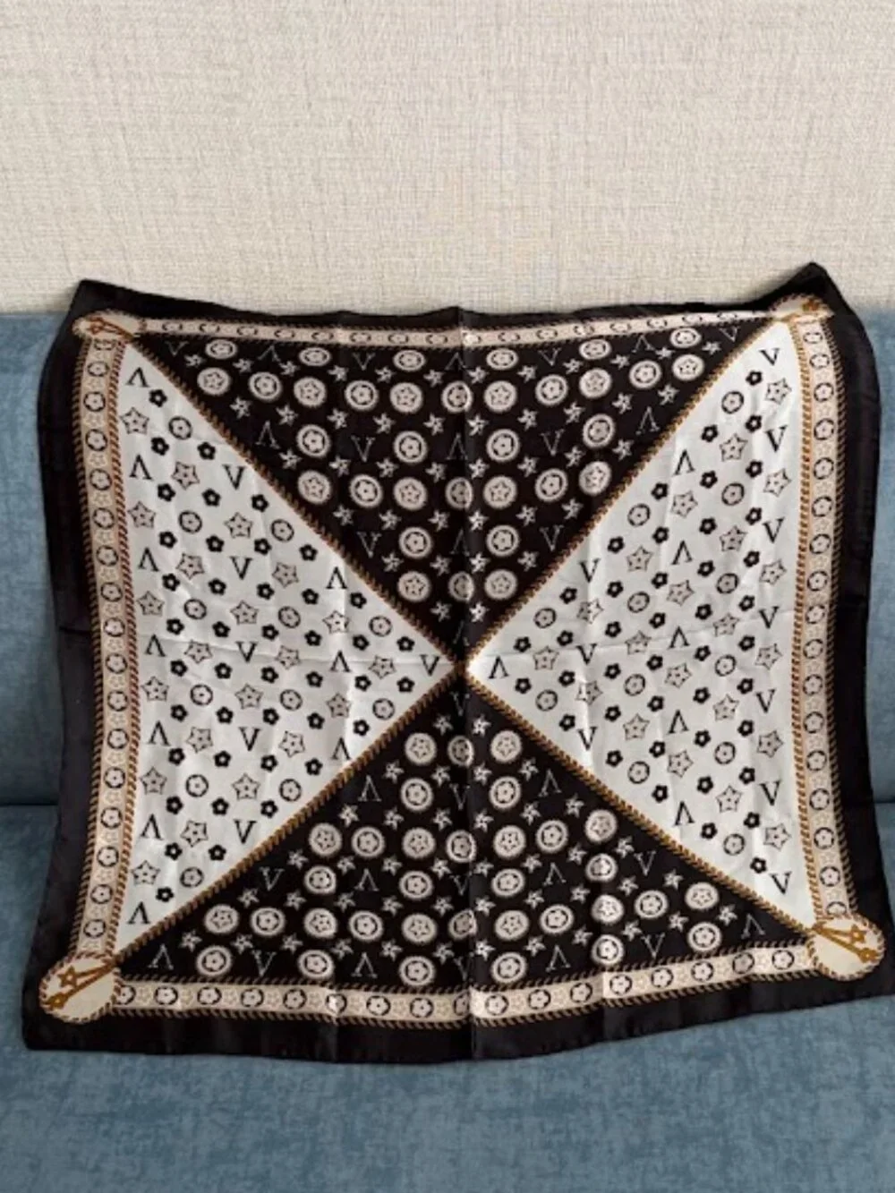 Black Ivory Gold Monogram Print Square Scarf Silky Satin Hair Neck Wrap